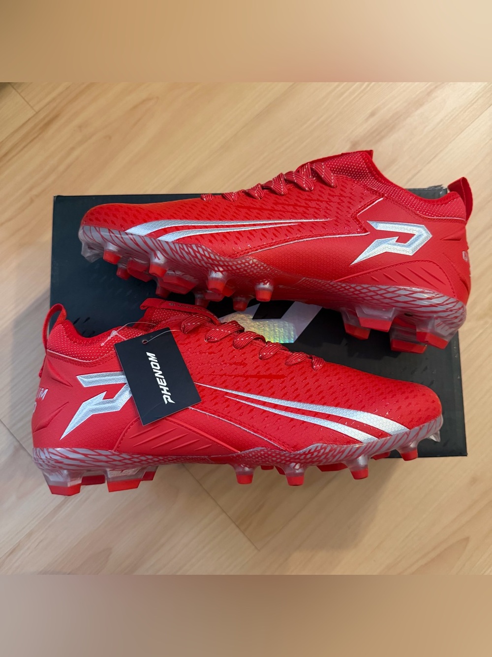 Phenom Men's Red Athletic Football Cleats with Silver Accents